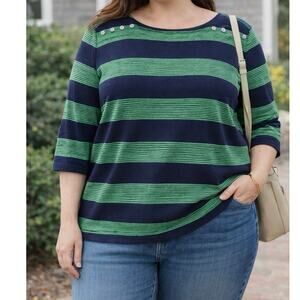 Talbots Blue Green Cotton Striped Nautical Inspired Boatneck Top, 1X